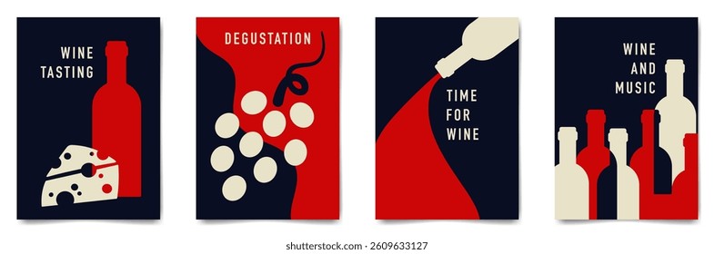 Set of minimalist wine tasting poster design. Flat vector illustration. Bottles of wine, glasses, grapes and cheese.