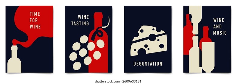Set of minimalist wine tasting poster design. Flat vector illustration. Bottles of wine, glasses, grapes and cheese.