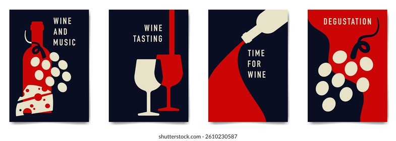 Set of minimalist wine tasting poster design. Flat vector illustration. Bottles of wine, glasses, grapes and cheese.	