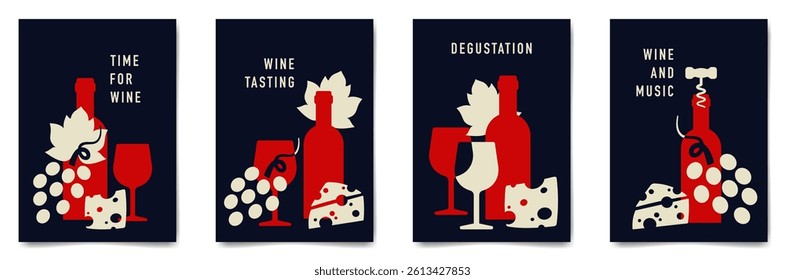 Set of minimalist wine tasting poster design. Flat vector illustration. Bottles of wine, glasses, grapes and cheese.