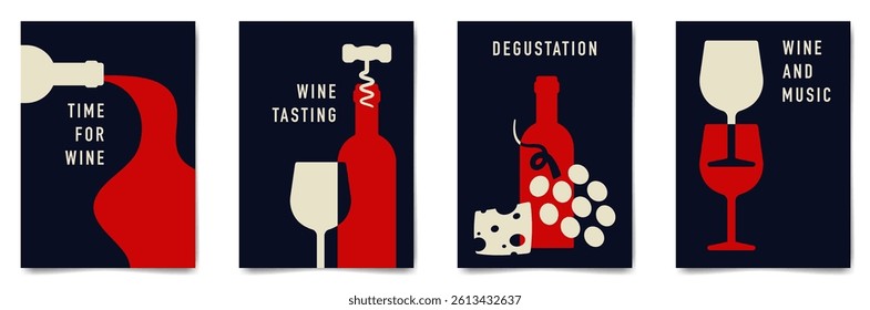 Set of minimalist wine tasting poster design. Flat vector illustration. Bottles of wine, glasses, grape and cheese.