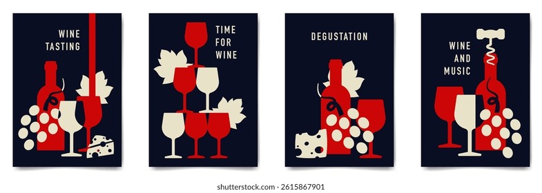 Set of minimalist wine tasting poster design. Flat vector illustration. Bottles of wine, glasses, grapes and cheese.