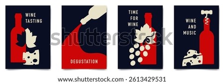 Set of minimalist wine tasting poster design. Flat vector illustration. Bottles of wine, grapes and cheese.