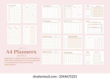 Set of minimalist yearly, weekly, monthly, daily planners; goal, pomodoro, and workout trackers; project planner; and to-do list."
