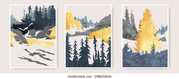 Set of minimalistic abstract high quality mountain with forest nature template design. Can be used on abstract nature flyers banners or web. Vector illustration. EPS 10.