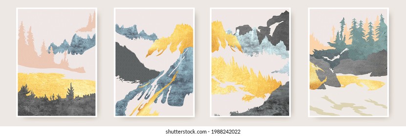 Set of minimalistic abstract high quality mountain with forest nature template design. Can be used on abstract nature flyers banners or web. Vector illustration. EPS 10.