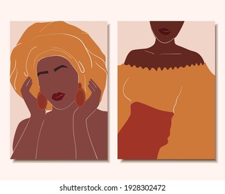 Set of minimalistic abstract posters. Beautiful African women. Vector illustration.