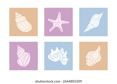 A set of minimalistic abstract templates with seashells. The concept of summer, relaxation, tropics, sea, ocean. Modern vector illustration