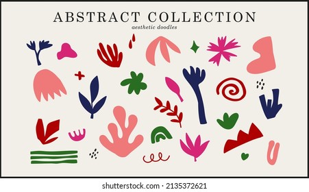 Set of minimalistic aesthetic doodles and abstract bright elements on isolated background. Large collection of elements, unusual shapes in matisse art style hand-drawn.