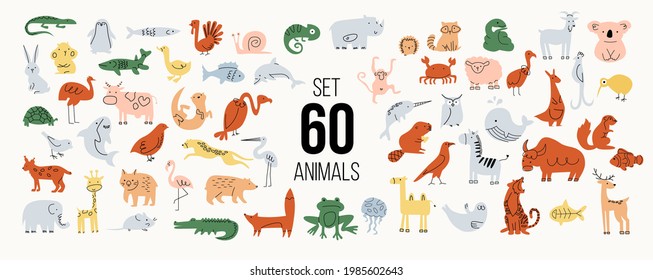 A set of minimalistic animals in muted colors. There are 64 animals in the collection: birds, fish, and mammals. The animals are made with a single color spot with lines on top. The graphics are flat,