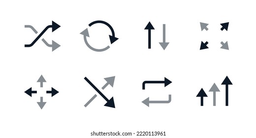 Set von minimalistischen Pfeilen Anweisungen zu Aktionen mit Medien. Bogenlösungssatz von 8 Vektorsymbol.
