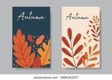 Conjunto de fondos de otoño minimalistas. Hojas de otoño sobre fondo blanco y azul. Diseño de otoño para póster, flyer, portada, Anuncio, redes sociales.