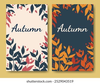 Eine Reihe von minimalistischen Herbsthintergründen. Hallo Herbst Vektorkarte Design Kollektion. Herbstlaub