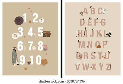 Set of minimalistic autumn childrens flat vector posters with alphabet, numbers and set of autumn elements for learning. Hello, Autumn. Autumn vibe. Pumpkins, herbs, leaves, mushrooms, coffee, coat.