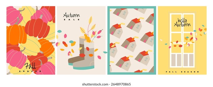 Conjunto de cartaz de outono minimalista ou cobertura com belas folhas brilhantes, abóboras, janela, casa. Plano de fundo de outono, Banner de venda ou design de panfleto. Modelo para publicidade, web, mídia social