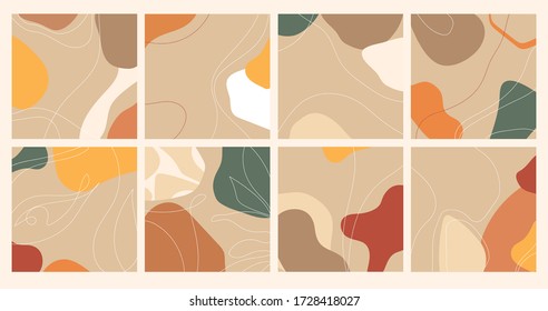 Set of minimalistic backgrounds with abstract shapes and lines, doodle objects. Modern trendy vector illustration for print colorful summer fabric or wallpaper, instagram covers.