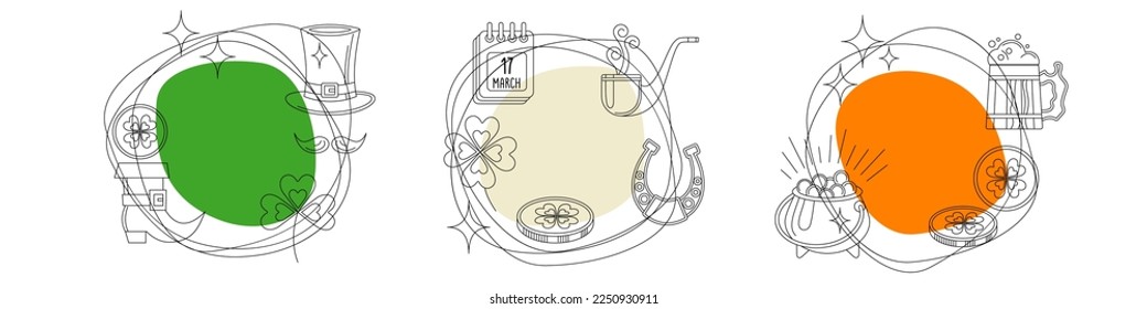 set of minimalistic backgrounds for messages, invitations for St. Patrick's Day. the frames are linear with symbols and signs of St. Patrick's Day. stock vector illustration. EPS 10.