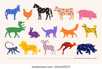 Establecer animales salvajes y domésticos minimalistas bizarros inusuales en el estilo de arte matismo, zoológico de siluetas dibujadas a mano con diferentes texturas, Elementos gráficos de doodle vector grande