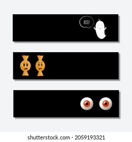 Set of minimalistic black Halloween background web banner. Vector illustration template with scary characters of ghost, eyes and candy