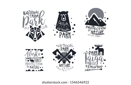 Set of minimalistic black logos in support of nature reserves. Vector illustration.