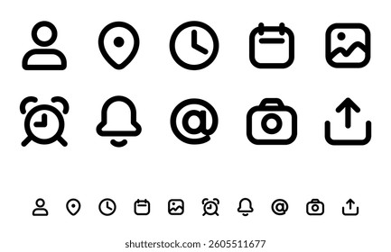 Set of minimalistic black outline icons on white background. Includes symbols of user, location, clock, calendar, image, alarm, call, email, camera and download. Design for mobile apps, websites.