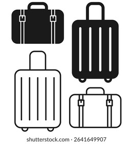 Set of minimalistic black and white icons representing different types of suitcases and travel bags. Travel luggage icon set. Suitcase vector illustration. Black and white travel icons. Minimal bag