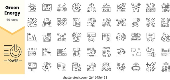 Set of minimalistic black and white icons representing green energy concepts, technology, and gaming themes, perfect for eco-friendly design projects.
