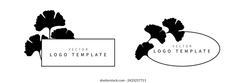 Set of minimalistic black and white logo templates with ginkgo biloba leaves. Botanical square and oval logo templates