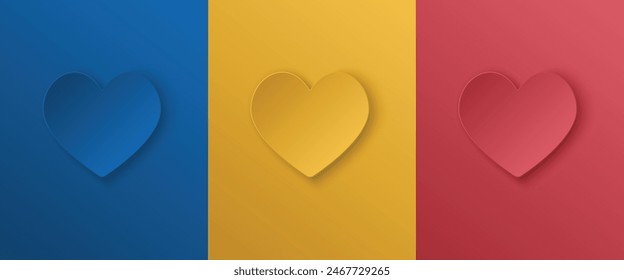 Set of minimalistic blue, yellow, red heart frame designs. Trendy color geometric backgrounds with copy space. Top view scene of podium. Vector illustration. EPS 10 vector art.