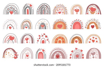 Set of minimalistic boho rainbows with hearts. Abstract minimalism. Wall decor.  Design elements for book cover, page template, print, card, brochure, magazine, poster. Vector
