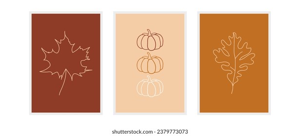 Conjunto de afiches botánicos minimalistas con composición otoñal abstracta. Hojas, calabaza y silueta follaje sobre el fondo de la tierra, colección de otoño para la decoración de paredes, tarjetas, diseño de cubiertas	
