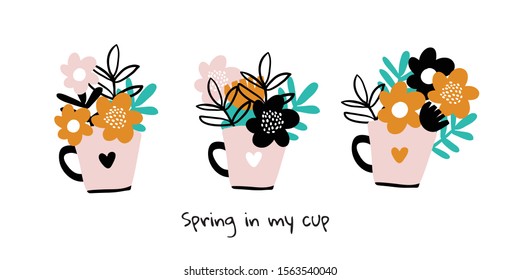Set of minimalistic bouquets with leaves and flowers inside the cup, cut out hand drawn style isolated on white with lettering.  Hygge minimalistic bouquets