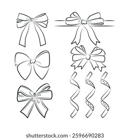 Set of minimalistic bows and festive confetti in line art style for cards, posters, greetings. Bow design template. Bows collection. Vector illustration.