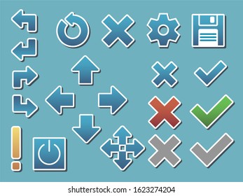 Set of minimalistic buttons for touch screens of programs. Isolated arrows and indicators for industrial equipment. Pointers for navigating a website or application. Vector EPS10
