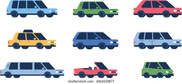 Set of Minimalistic Car icons. Collection of vector illustration in flat style. Urban and city vehicles transport concept. Isolated on white background. Different models of cars - taxi, sedan, limo