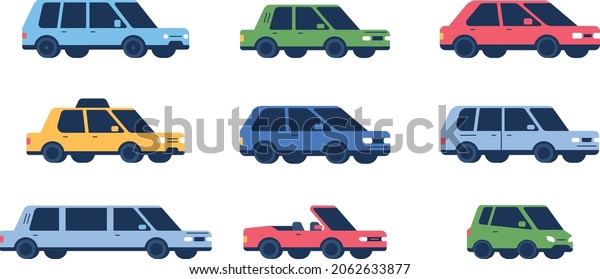 Set of Minimalistic Car icons. Collection of vector\
illustration in flat style. Urban and city vehicles transport\
concept. Isolated on white background. Different models of cars -\
taxi, sedan, limo