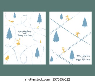 Set of minimalistic cards. Hand-drawn textural footprints in the snow among the Christmas trees.Funny forest animals: deer, hare, fox, bear. Skiers and snowboarders. Merry Christmas and happy new year