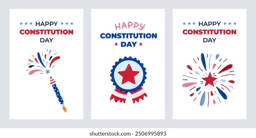 Set of minimalistic cards for Happy Constitution Day of USA with cartoon illustration of firework, medal in US colors. Cute concept for poster, banner to celebrate holiday at 17th of September.