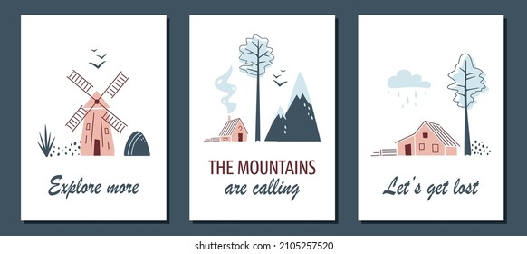 Set of minimalistic cards with northern landscapes. Windmill, birds, houses and spruces on white background. Nordic landscapes in limited colours. Travel, camp or nature concept. Vector illustration