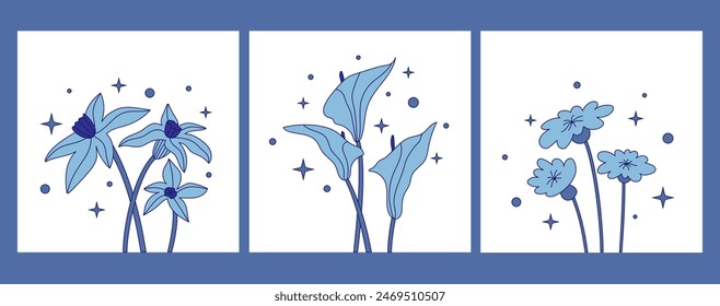 A set of minimalistic cartoon illustrations of cornflower, daffodils and calla lilies. Elegant illustration with outline and fill in soft blue tones. Handmade drawing for decoration and printing.