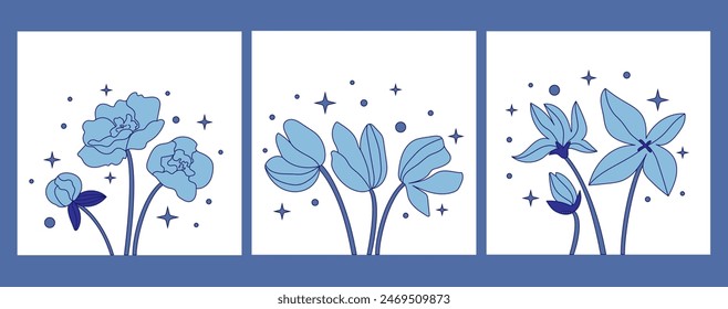 A set of minimalistic cartoon illustrations of peonies, daffodils and tulips. Elegant illustration with outline and fill in soft blue tones. Handmade drawing for decoration and printing.