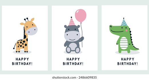 a set of minimalistic children's birthday greeting cards with cute animals giraffe, hippo, crocodile