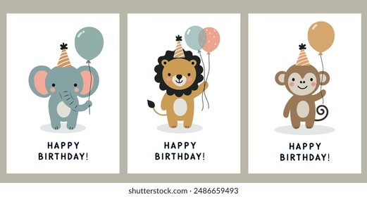 a set of minimalistic children's birthday greeting cards with cute animals - elephant, tiger, monkey