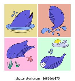 A set of minimalistic children's illustrations with a whale in four different situations.