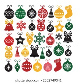 Set of minimalistic Christmas elements black silhouette