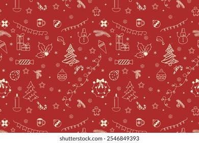 Set of minimalistic Christmas elements in doodle style on red background. Seamless colorful holiday background of hand drawn Christmas elements. Abstract winter holiday background