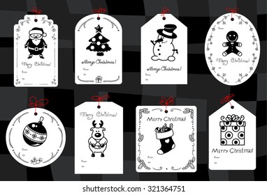 Set with minimalistic Christmas gift tags. Collection labels with Santa, snowman, Christmas tree, Gingerbread man, decoration balls, red nosed deer, gift box. Vector background