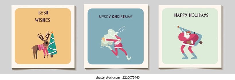 Set of minimalistic Christmas vector gift square cards or tag set with running Santa, Christmas toy, deer, fir tree, best wishes and merry christmas text.