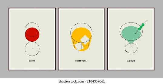 Un juego de afiches de cócteles minimalistas con vino tinto y gafas de whisky y margarita aislados en un fondo claro para decoración de bar o restaurante o estampado de arte en la pared.