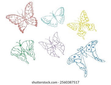 A set of minimalistic colored butterflies in the style of a child's drawing. Vector illustration